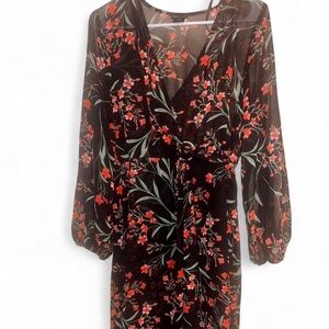 Red Sheath Dress with Bishop Sleeves and V-Neck for Wedding Guest